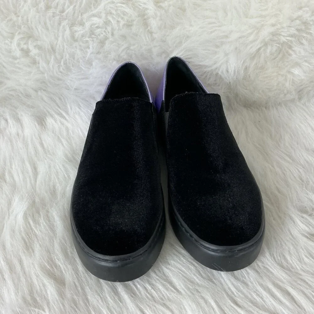 Free People Black Velvet Purple Metallic Leather Varsity Slip On Sneakers 37 US